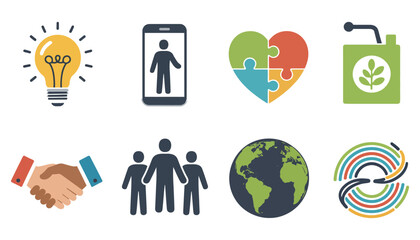 Vector illustration of a set of web design icons featuring diverse people, business symbols, and communication concepts
