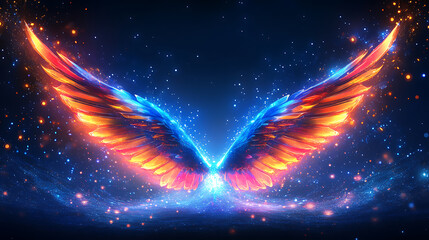 Wall Mural - luminous angel wings spreading in dark blue space with sparkles of stardust fantasy cosmic backgroun