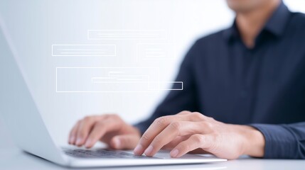 Professional man typing on a laptop with a clean workspace, showcasing modern technology and digital communication, ideal for business and productivity concepts with copy space