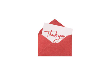 Wall Mural - pink handwritten thank you card from a red glitter envelope, overhead view