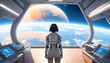 © and4me - 宇宙船と背景の地球、かっこいい女性宇宙飛行士のアニメゲーム系イラスト、生成AI画像イメージ
