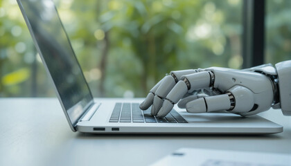 robotic arm using laptop computer silver white technology automation artificial intelligence technol