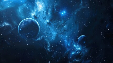 Ethereal cosmic scene showcases planets amid stunning blue nebulae, stars and galaxy formations, creating a sense of wonder.