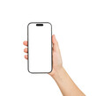 © Nichastudioart17 - Hand holding the black smartphone with mockup of blank screen on isolated white background.