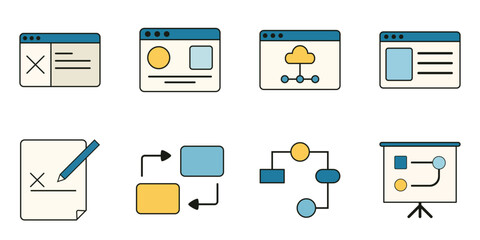 Minimal flat icons of web design tools and flowcharts used in UI UX development and planning