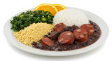 Close-up of a plate of feijoada with rice, farofa, orange slices, and collard greens, isolated on white — iconic Brazilian dish from Rio de Janeiro