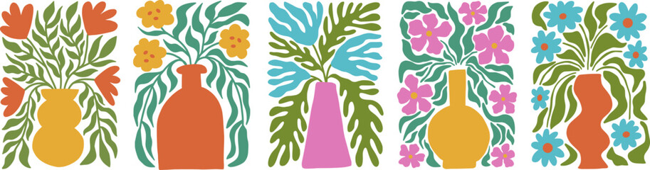 Wall Mural - groovy abstract floral rectangle in flat style. wavy retro flower plant in naive hippie 60s 70s styl