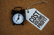 © may1985 - Cost Volume Profit text on price tag with alarm clock on cork board background