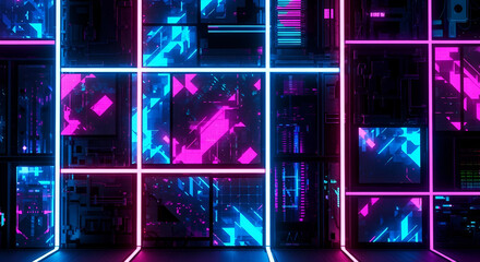 Abstract technology concept with a neon grid wall. Futuristic sci-fi interior with glowing pink and blue lights. Digital data background.