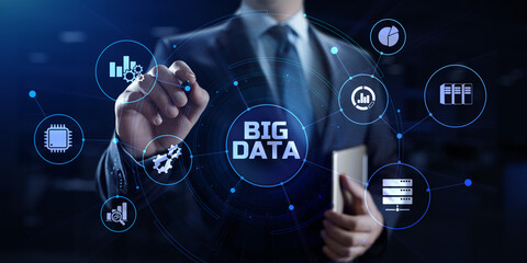 Wall Mural - big data analysis analytics internet technology concept. businessman pressing button on screen.