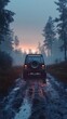© MdAshik - SUV on Muddy Forest Road at Dusk Rear View with Trees and Atmospheric Sky