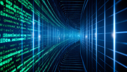 Digital data tunnel with glowing code and abstract cyber perspective