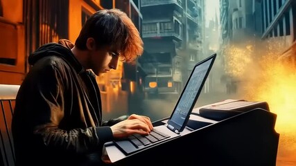 Resilient coder works in a chaotic urban landscape, focused on software creation