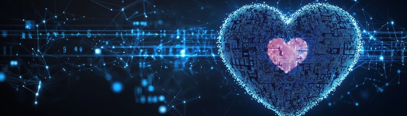 Digital heart composed of glowing binary code and data points connected by futuristic network lines on a dark background, AI dating application