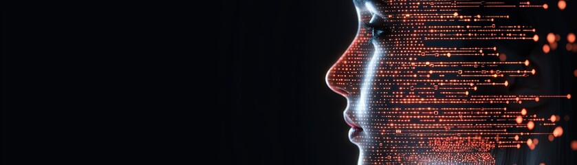 Digital profile of a human face constructed with glowing data points and lines on a black background, symbolizing AI, technology, and data visualization, AI dating application