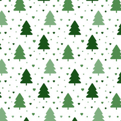 Wall Mural - Christmas tree seamless pattern.Repeat pattern with green pine trees, hearts and snow isolated on white background.Vector graphic illustration wallpaper.
