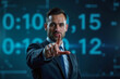 © Sync - Businessman pointing, show forefinger hand, digital data center background, tech concept