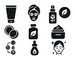 © May - Holistic Skincare Icons. Solid, filled icons set of holistic skincare routines: cleanser tube, clay mask, rose