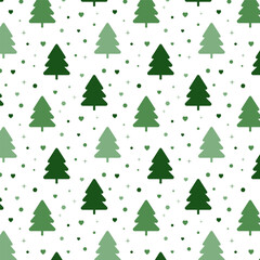 Wall Mural - Christmas trees seamless pattern.Repeat pattern with green pine tree and snow hearts isolated on white background.Vector graphic illustration background wallpaper.