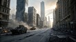 © Noble Art - Post-Apocalyptic Cityscape Warzone with Military Vehicles in Urban Ruins