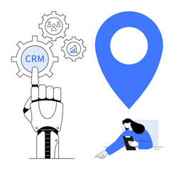 Wall Mural - robotic hand navigating crm and analytics gear icons, large blue map pin, and woman holding a clipbo
