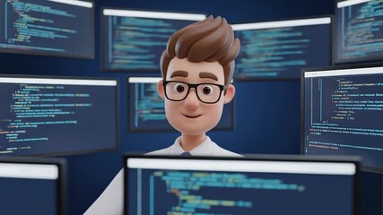 Cartoon programmer surrounded by monitors displaying code, smiling confidently in a digital environment