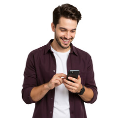 young handsome man in dark purple shirt using smartphone isolated on transparent background png.