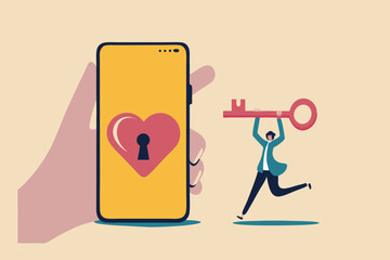 Dating apps, online dating using internet and social media to find romantic relationship concept, young adult millennial boy holding lovely key running to smart phone app with heart shape and keyhole.