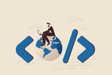 Website development, www application coding, technology create online cyberspace software connect through the internet concept, software engineer coding on laptop sitting on globe with coding symbol.