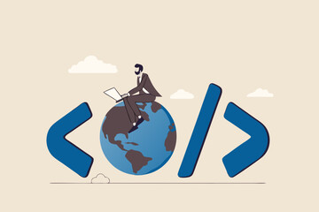 Website development, www application coding, technology create online cyberspace software connect through the internet concept, software engineer coding on laptop sitting on globe with coding symbol.
