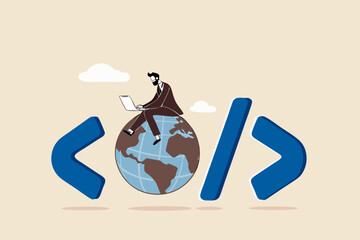 Website development, www application coding, technology create online cyberspace software connect through the internet concept, software engineer coding on laptop sitting on globe with coding symbol.