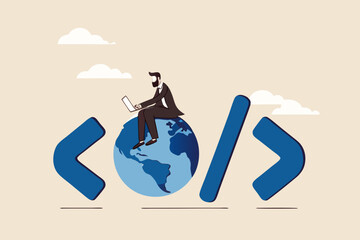 Website development, www application coding, technology create online cyberspace software connect through the internet concept, software engineer coding on laptop sitting on globe with coding symbol.