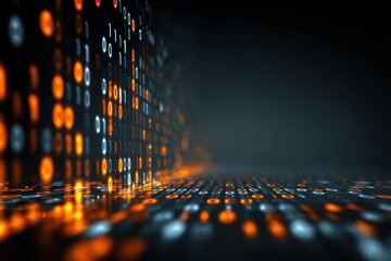 digital curtain of glowing orange and white binary code with a dark, gradient background