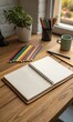 © MINMIN - Creative workspace inspiration a cozy desk scene with notebook and colored pencils home office setting natural light artistic vibe