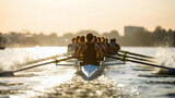 Rowers practice on the water at sunrise, team rowing in unison on calm lake creating splashes, demonstrating teamwork, skill, and fitness.