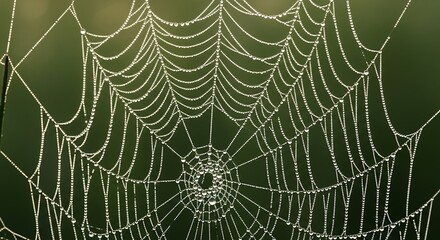 Delicate spiderweb covered with shimmering morning dew drops closeup macro view showing the intricate natural pattern and water droplets on the threads a beautiful textured
