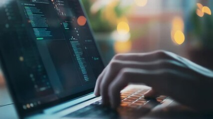 Typing code on laptop keyboard for software development or data analysis project
