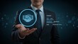 © ZIPUP_ART - Trusted partner holographic Handshake and Trust Meter Interface. Trustworthy collaboration, company or contract. Confidence to work together. Businessman turning knob to highest trust levels.