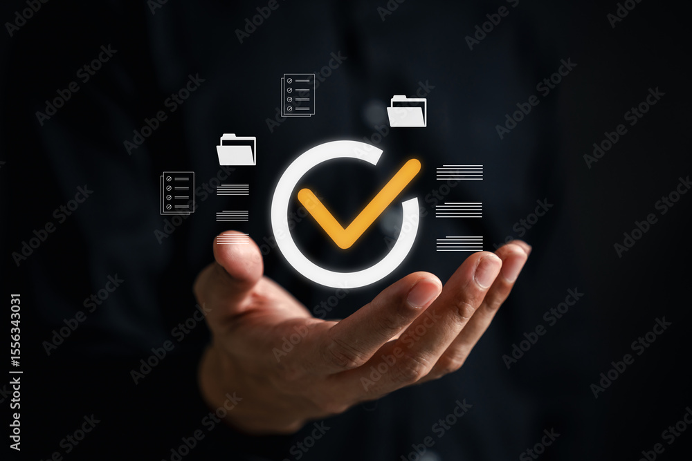 Hand using digital to review documents with check mark icons Stock ...