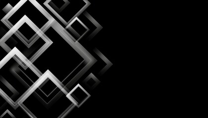 Wall Mural - futuristic black geometric background with glowing silver squares and 3d depth for modern web design