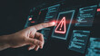 © Pixels Stock - Close up of a human finger touching a glowing red warning triangle on a futuristic digital interface displaying code