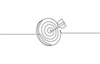 © SCB - Target with an arrow hitting the center, one continuous line illustration. Continuous line drawing of archery target with arrow, Archery sport exercise with target board concept. Vector Illustration.