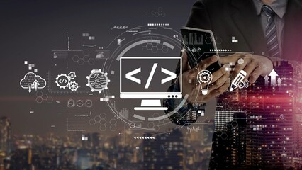 modern web development concept featuring coding symbols, web development process, web development in