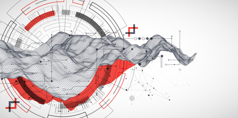 Wall Mural - abstract data background with wireframe wave and circuit lines. technology concept. vector