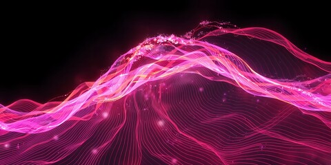Wall Mural - abstract pink waves and particles flowing on black background creating a dynamic composition