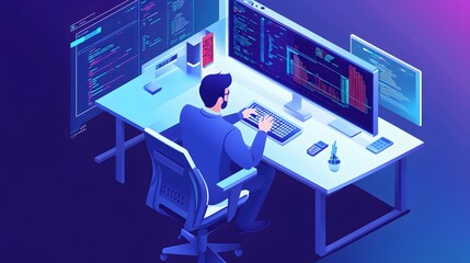 Programmer at Work: A focused programmer sits at his desk, immersed in lines of code displayed on multiple monitors. The scene is illuminated with cool, vibrant colors.