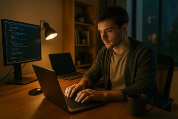 Focused Software Developer Working Late at Night

