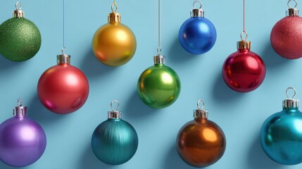 Wall Mural - festive christmas ornaments in various colors, perfect for holiday decoration, on a soft blue backgr