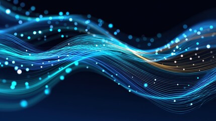 Wall Mural - Abstract Digital Waves in Blue and Teal with Lights Creating a Dynamic Flowing Background
