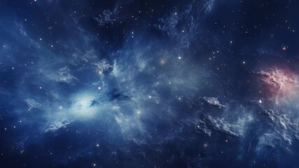 The Stars And Blue Nebula In Space. Galaxy exploration through outer space towards glowing milky way galaxy.